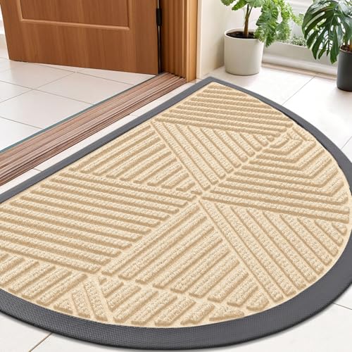 Image of Smiry Half Circle Front Door Mat Outside Entrance, Heavy Duty Sturdy Natural Rubber Doormat, Trap Dirt and Moisture, Low Profile Mats for Indoor Outdoor Entry, Irregular Triangle (35x23, Beige)