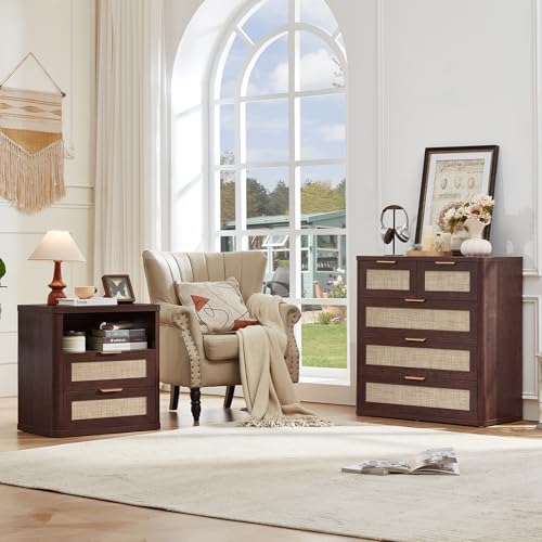 Image of LEYAOYAO Dresser for Bedroom Set of 2, 33.5 inch Tall Chest of Drawers, Modern 5 Drawers Boho Rattan Dressers with Storage, Dresser Wooden Closet Organizer for Living Room, Hallway