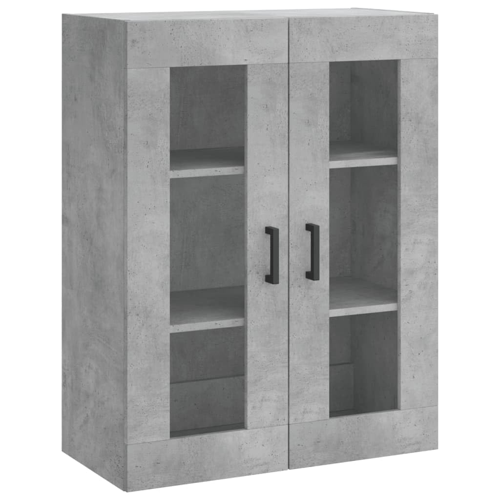 Wandschrank Betongrau 69,5x34x90 cm, Hängeschrank mit Glastüren aus Holzwerkstoff, Vitrinenschrank für Wohnzimmer Schlafzimmer und Büro, Moderner Schwebeschrank mit Griffen