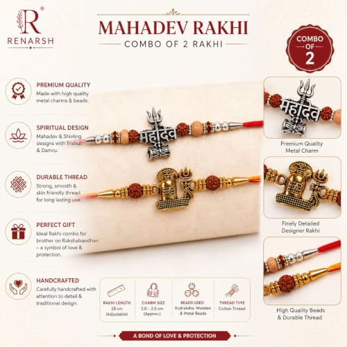 Image of Pack of 2 Mahadev Rakhi for Brother | Shivling, Trishul and Damru Designer Set with Rudraksha-Style Beads | Raksha Bandhan Rakhi for Men & Boys