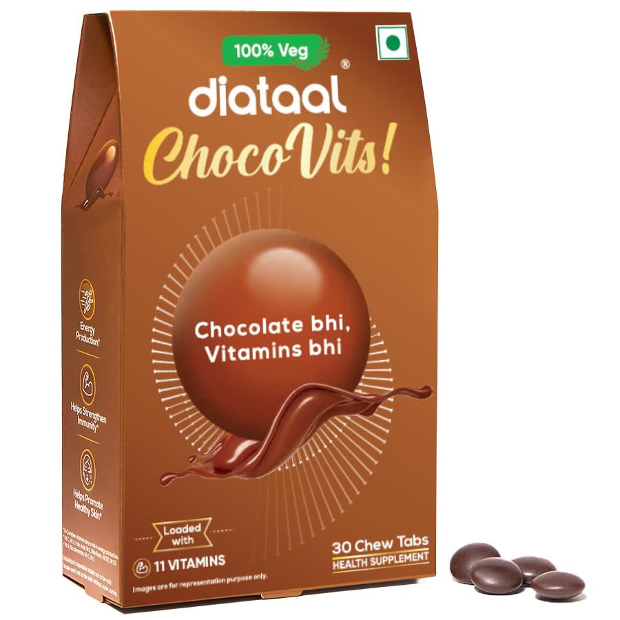 Image of Diataal ChocoVits Veg, Chewable Multivitamin | 30 Chocolaty Tabs with 11 Essential Vitamins | Power of B-complex vitamins, B12, D3, Nicotinamide, Vitamin A, C & E for Energy | Immunity | Healthy Skin.