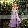 Women's Sparkly Tulle Prom Dress Off Shoulder Lace Applique Long Formal Evening Gowns 2024 with Pockets Lilac #2