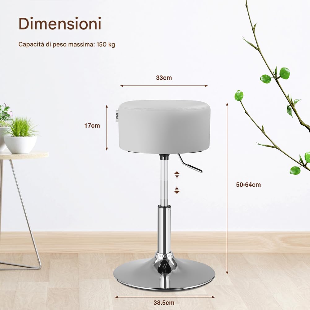 BAKAJI Sgabello Make Up per Toeletta Trucco Design Rotondo, Struttura Robusta Girevole a 360° Regolabile Altezza, Seduta Comoda e Imbottitura Alta Densità Ergonomica, Sedia Rivestimento Pelle (Bianco)