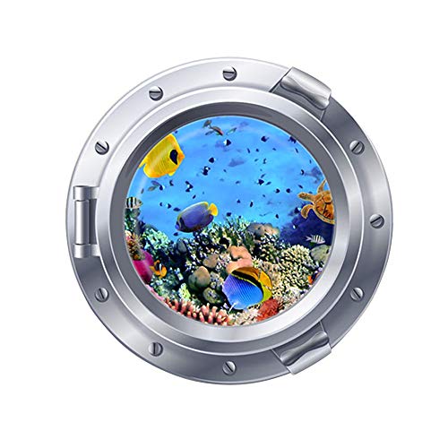 DNVEN Porthole Wall Decals Tropical Fishes Colorful Corals Under The Sea Ocean Corals Seashell Window View Faux Submarine Removable Murals Stickers for Kids Boys Room Decor 18 inches x 18 inches