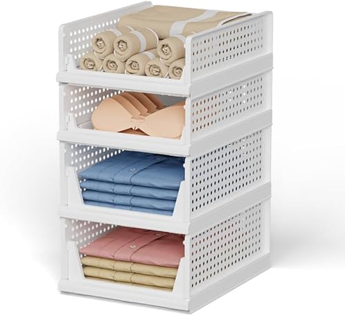 MVSRWLL Stackable Plastic Storage Basket Bin Shelf Box for Closet Wardrobe Organizer 4 Pack Foldable Clothes Drawer Storage Container for Cupboard Kitchen Bathroom Bedroom Office (White)(2L+2S)