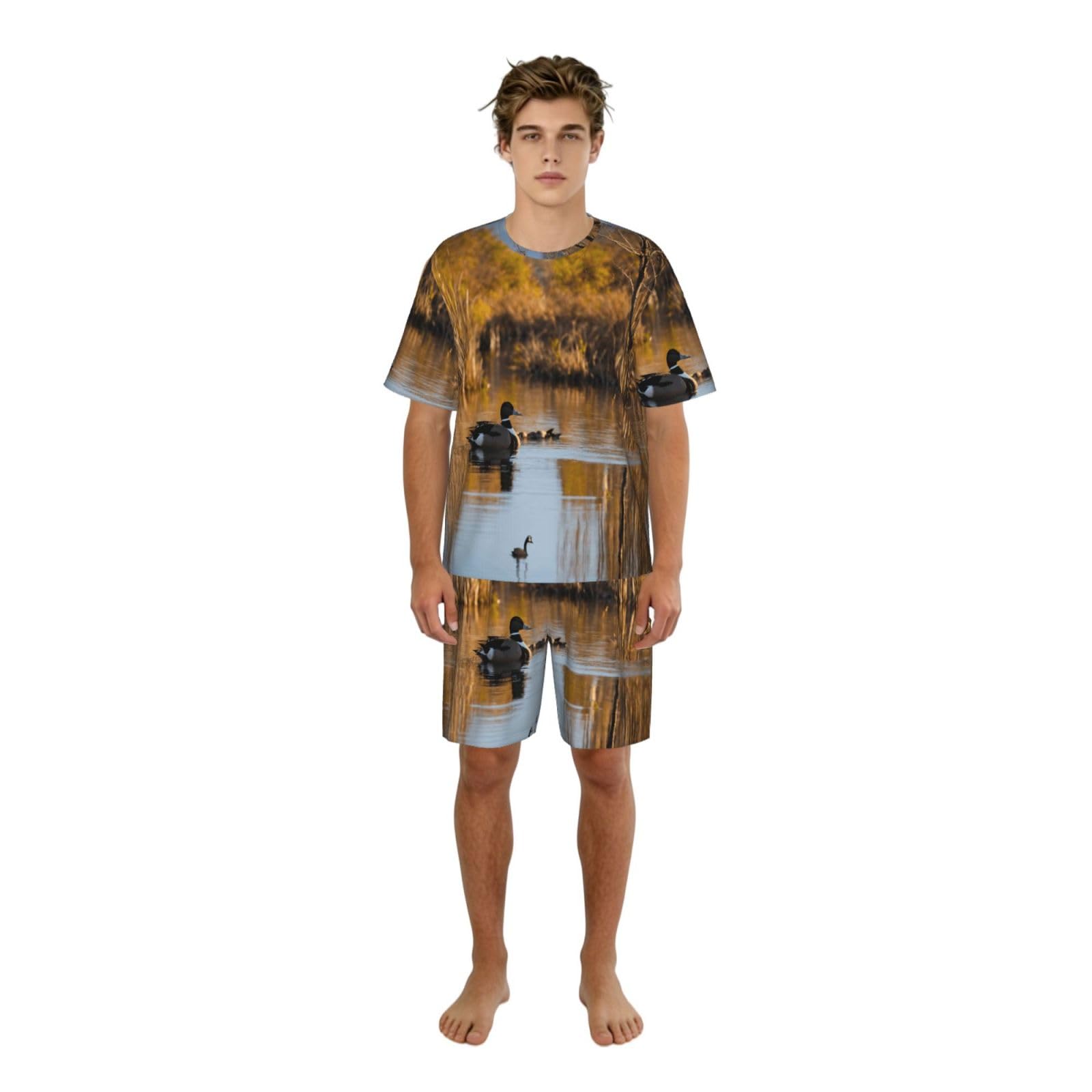 Loon Nature - Pigiama da uomo con stampa uccellini, comodo set pigiama da uomo con pantaloncini, perfetto per le notti estive