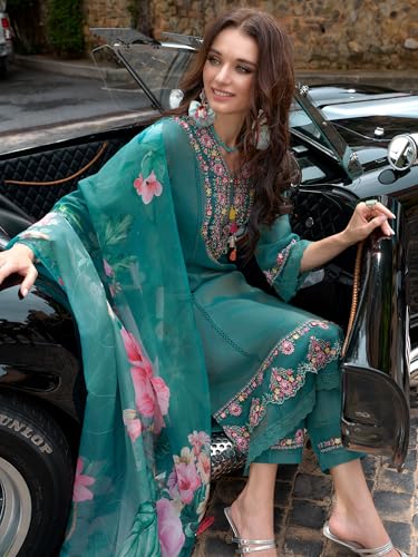 Image of INDO ERA Women's Silk Blend Embroidered A-Line Kurta and Pant with Dupatta Set (Ieout6682)