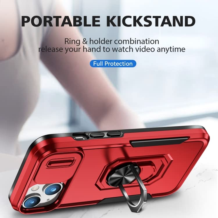 Image of MOSHKING Polycarbonate Back Cover Case Compatible For Iphone 13 With Slide Camera || Heavy Duty Military Grade Protection Mobile Phone Case Built-In 360 Rotate Ring Stand - Red