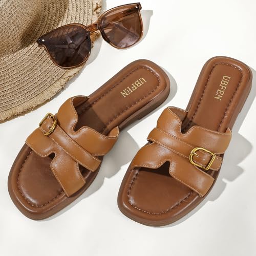 Image of UBFEN Womens Square Toe Flat Sandals Slides Dressy Comfortable for Beach