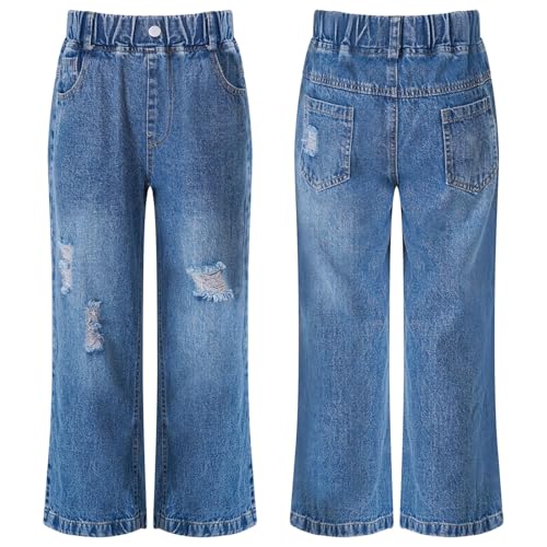 JEYPINMI Girls Jeans Bootcut Baggy Wide Leg Denim Pants Washed Trousers with Pockets Loose Straight Jeans