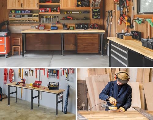 Image of 96 inch Adjustable Height Workbench, 2000 LBS Heavy Duty Table Rubber Wood Workstation with Power Outlet & Pegboard for Garage, Office, Workshop, Home,Commercial