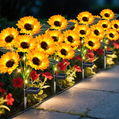 ostritec Sunflower Solar Lights Outdoor Decor 4 Pack Solar Garden Decor 24 Waterproof Solar Sunflower Outdoor Lights for Garden Patio Flower Bed Pathway Gift for Women Mom Grandma