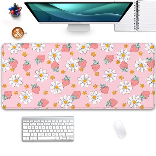 Image of Strawberry Mouse Pad Desk Mat,Pink Large Large Gaming Mouse Mat with Stitched Edges,Non-Slip Waterproof Rubber Base Mouse Mat for Office Computer Keyboard Laptop Home(27.5X11.8 in)
