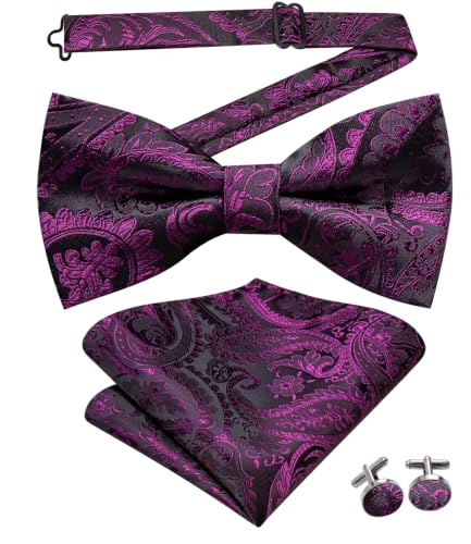 Image of Dubulle Mens Paisley Striped Bowtie Set Pre-tied Bowtie for Men and Pocket Square Set Wedding Business