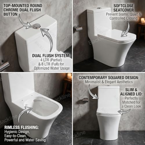 Image of Backline Rimless Commode Toilet | One Piece Floor Mount Western Toilet For Bathroom With Soft Close Seat Cover - S Trap 9 inch Outlet Is From Floor (White) (10 Years Color Warranty)