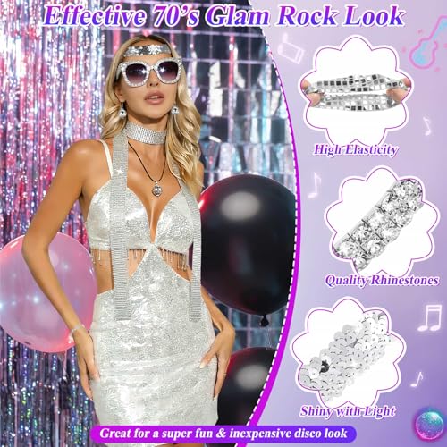 Flasoo 8 Pcs 70s Women Disco Accessories for Party - 70s Disco Accessories For Women, Disco Jewelry For Women With Sequin Scarf Diamond Headband Bracelet Glasses Necklace Earrings Scrunchie by Flasoo - Used condition - Image 5