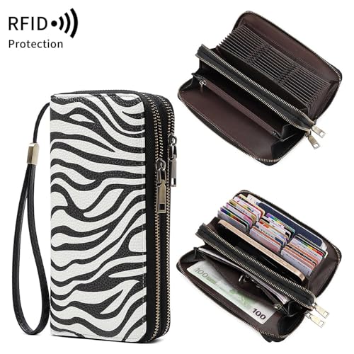 Image of Women Leather Wallet Crossbody Shoulder Bag with Double Zipper and Mobile Phone Purse with Shoulder Strap