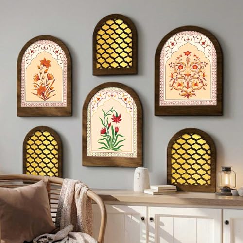 Image of MDF Jharokha Wall Mirror for Home Decor | Traditional Decorative Wall Hanging Jharokha Mirror | Premium Mirrors for Living Room Bedroom Set of 6 (9x12 inch & 7.5x9.5 inch)