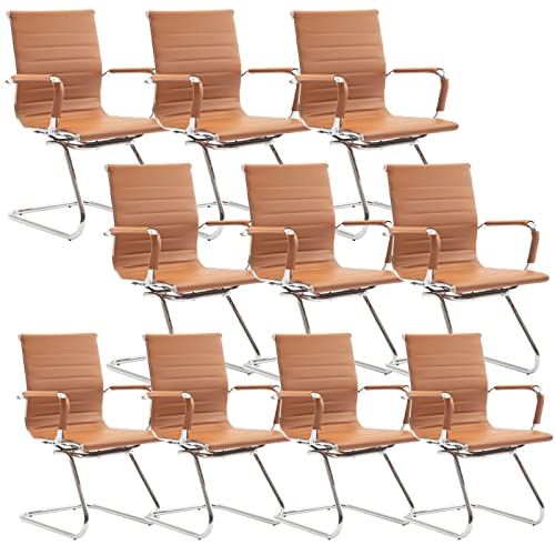 Image of HNY Leather Office Guest Chairs & Reception Chairs Set of 10, Modern Waiting Room Chairs with Arms, Desk Chair no Wheels with Sled Base for Waiting Room /Conference Room, Cognac