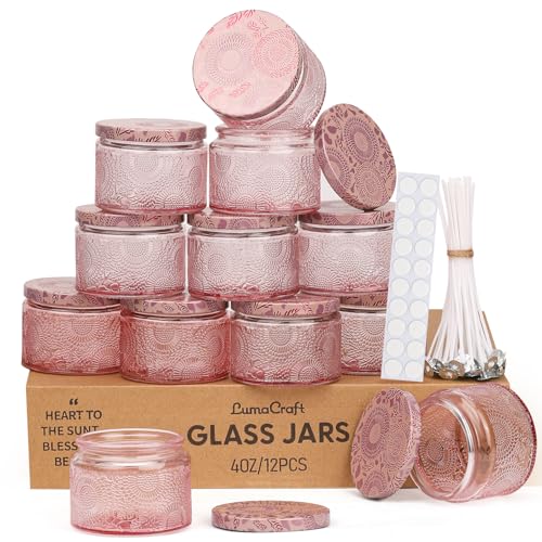 Candle Jar Luxus Relief Kerzengläser zum Kerzen gießen- 12er Pack Leere Glasgefäße mit Luftdichtem Metalldeckel 20pcs Dochte & 20 pcs Aufkleber - 4oz Vintage Farbige Gläser für DIY Geschenke & Deko