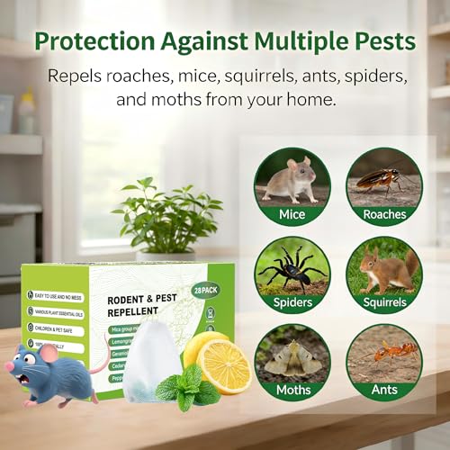 Image of Pest Rodent Repellent, 28 Pack Natural Peppermint Oil Packs Keep Mice, Rats, Spiders, Roaches, Ants, Bugs, and Squirrels Away from Home and Garden Safe for Family or Pets