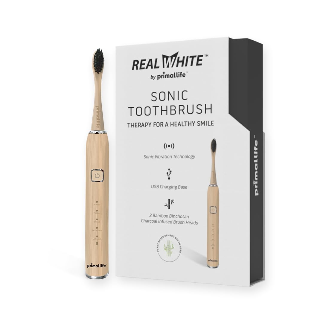 Primal Life Organics - Nuovo vero spazzolino da denti Sonic Vibration bianco, pennello infuso al carbone di bambù, ecologico, non OGM