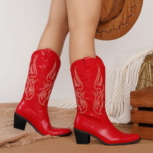 Image of Pasuot Cowboy Boots for Women - Cowgirl Western Mid Calf Boots with Embroidery, Pointed Toe Retro Chunky Heel Slip On Fashion Classic Short Boots Pull On for Ladies Summer Fall
