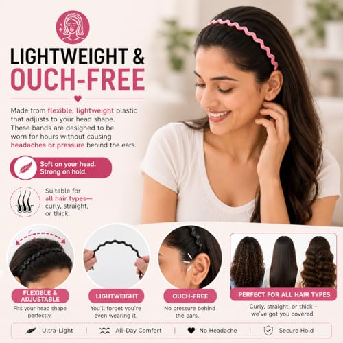 Image of 12 Pcs Hair Band Combo for Men & Women - 6 Zigzag Shark Tooth + 6 Plain Skinny Headbands | Non-Slip Sports Hair Bands for Gym, Running, Face Wash & Daily Use | Hair Hoops for Girls & Boys