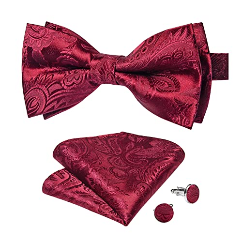 Image of DiBanGu Paisley Pre-Tied Bow Ties for Men Silk Adjustable Bowtie and Pocket Square Cufflinks for Wedding Party