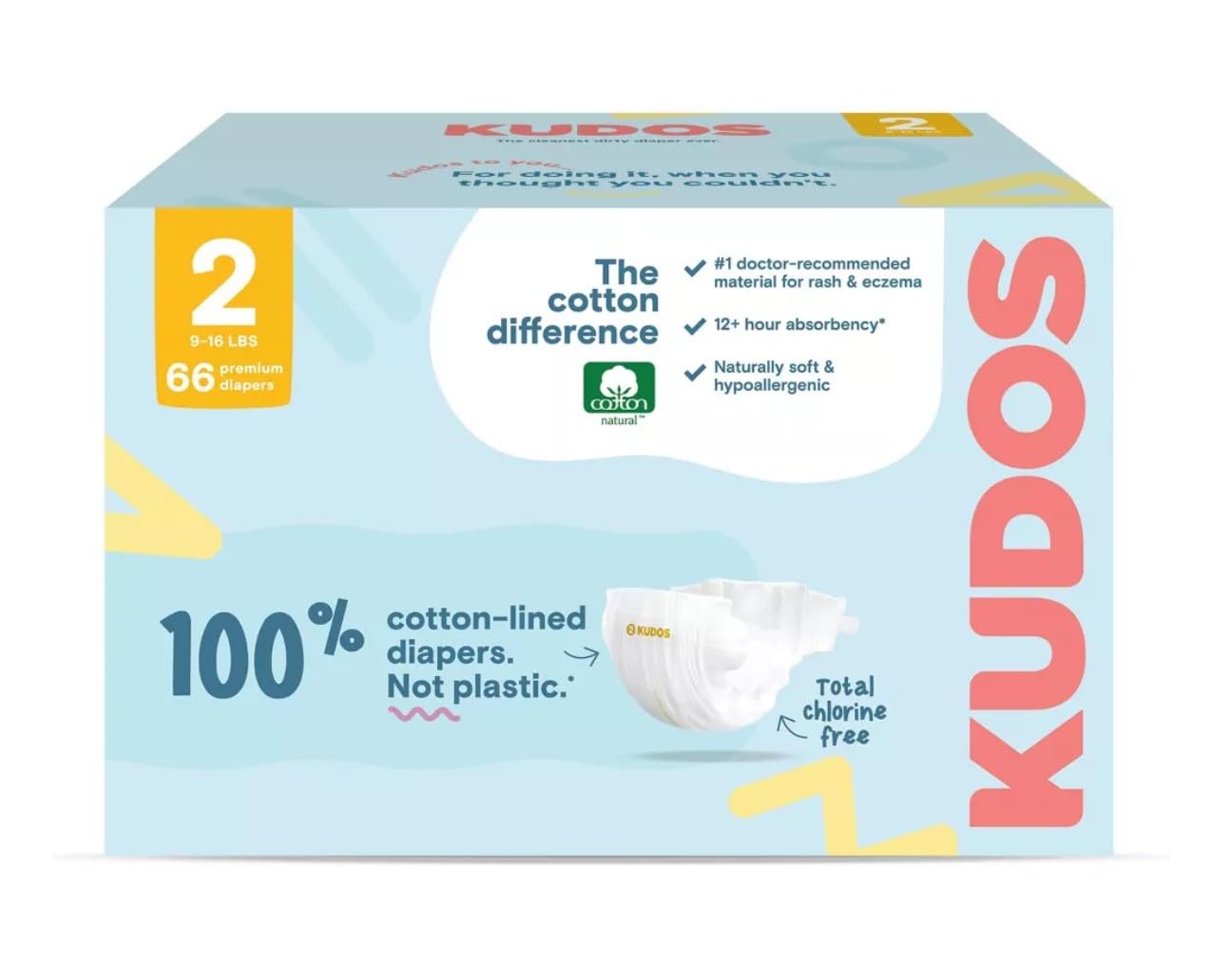 Kudos Chlorine Free Premium Diapers, 100% Cotton-Lined, Size 2, 66 Count, 10-14 lbs