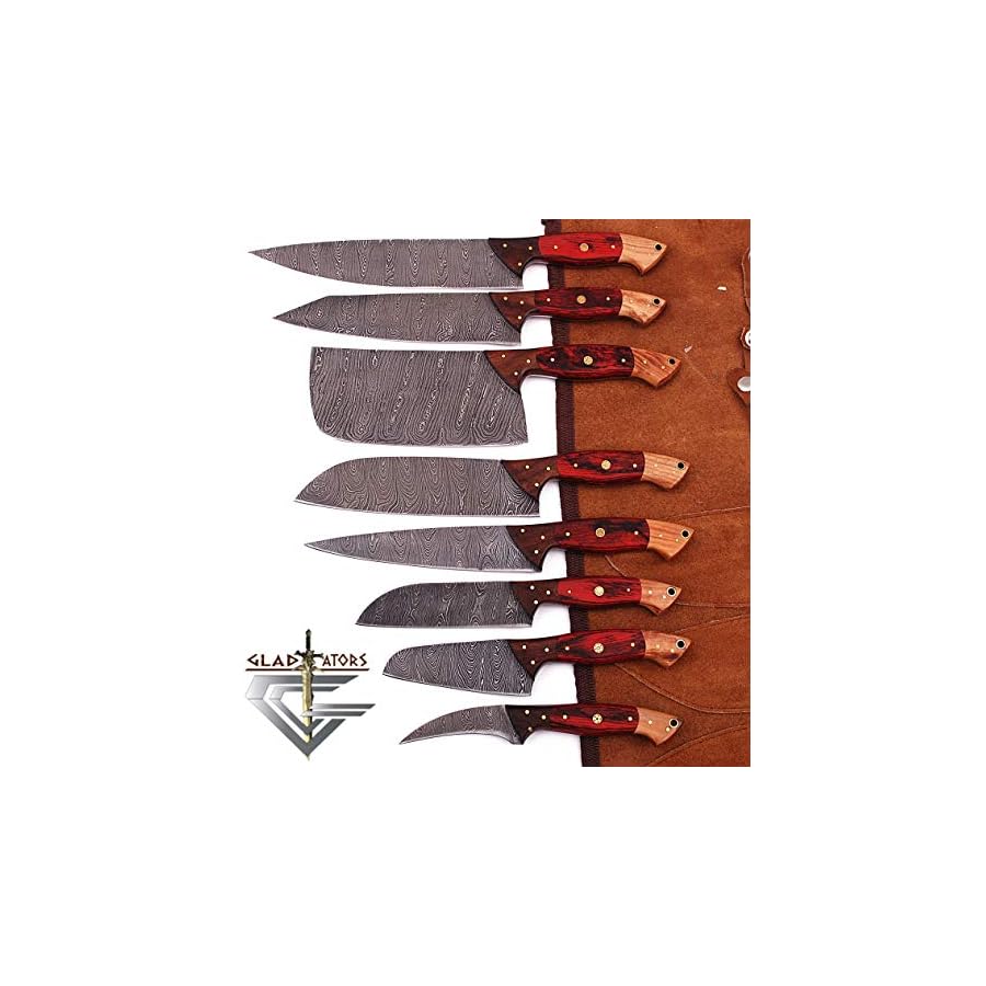 GladiatorsGuild-G29RD-Professional-Kitchen-Knives-Custom-Made-Damascus-Steel-8-pcs-of-Professional-Utility-Chef-Kitchen-Knife-Set-with-Chopper-Cleaver-with-Pocket-Case-Chef-Knife-Roll-Bag-Red GladiatorsGuild G29RD- Professional Kitchen Knives Custom Made Damascus Steel 8 pcs of Utility Chef Knife Set with Chopper/Cleaver Pocket Case Roll Bag (Red)