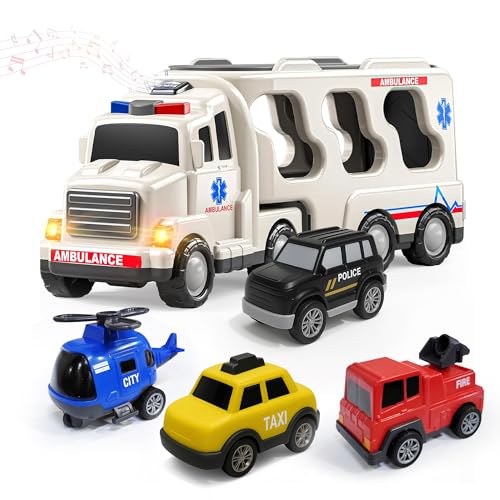 Image of Kidology 5 in 1 Ambulance Truck Toys for Kids Ages 3+ Years - Friction-Powered Cars with Light & Music, Educational Transport Truck Toy Vehicle for Boys & Girls, Birthday Gift