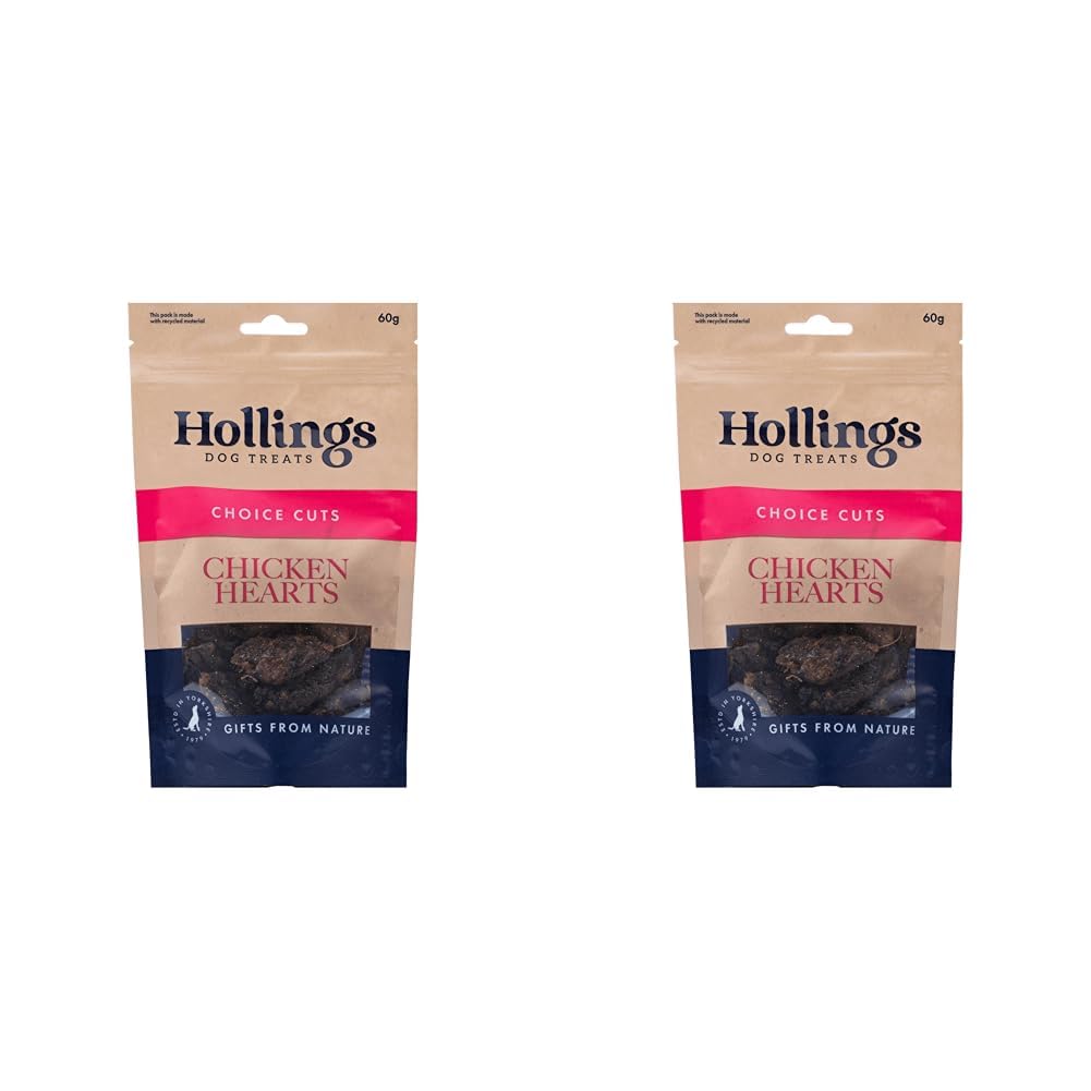 Hollings Chicken Hearts Dog Treats, 100% Natural Air Dried Treats for Adult Dogs Grain Free & High in Protein (60g) (Pack of 2)