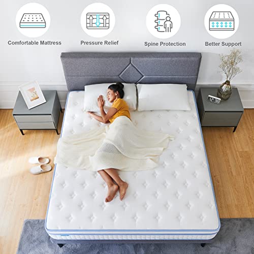 Iyee Nature Queen Mattresses, 12 Inch Queen Size Hybrid Mattress Individual Pocket Springs With Foam,Queen Bed In A Box With Breathable And Pressure Relief,Medium Plush,Bule #TOP1