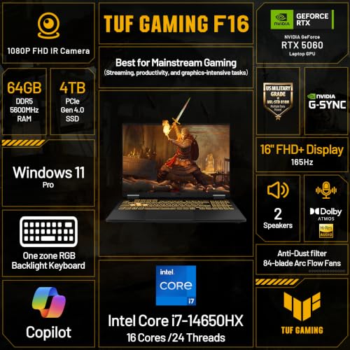 Image of ASUS TUF F16 16 inch FHD+ 165Hz Gaming Laptop, Intel Core i7-14650HX, 64GB RAM, 5TB Storage (4TB SSD+1TB Docking Station Set), GeForce RTX 5060 8GB GDDR7, RGB Backlit Keyboard, Windows 11 Pro, Jaeger Gray