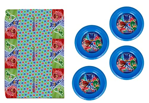ALMACENESADAN, 4904, pack Pj masks compuesto por mantel superpilotos 120x180 cm, 4cuencos reutilizables, ideal para fiestas y cumpleaños. (8435510349042)