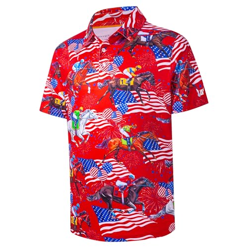 Golf Shirts for Men Dry Fit Moisture Wicking Casual Red USA Flag Riding Horse Print Collared Mens Golf Polo Shirts for Men Short Sleeve Golfing Polos Large