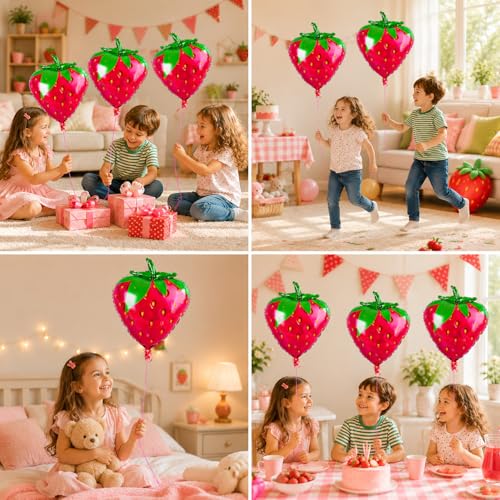 Image of Rozi Decoration Strawberry Foil Balloons Pack of 3 for Birthday Decorations, Fruit Theme Party Supplies, Strawberry Shape Foil Balloons for Kids Party, Baby Shower, Anniversary & Celebration Decor