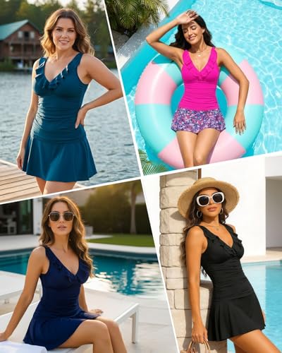 Image of Aqua Eve Women Tankini with Skirt - Tummy Control Swimsuit Two Piece Bathing Suit Ruffle Swimwear Ladies Swim Suit | Removable Cups, Adjustable Straps, Smooth Shape Via Front Gathers