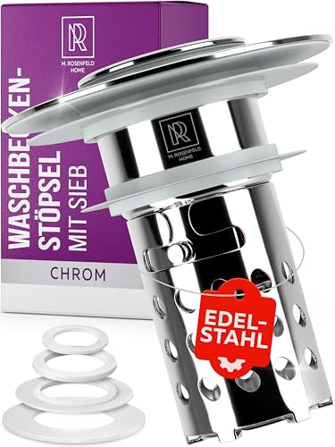M. ROSENFELD HOME Abflussstopfen Waschbeckenstöpsel mit Sieb - Universal Waschbecken Stöpsel Pop Up - Chrom mit Sieb