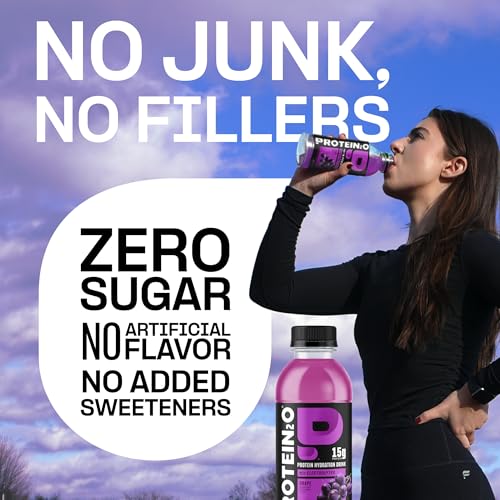 Image of Protein2o Hydration Drink - 2-in-1 Liquid Clear Whey Protein Isolate and Electrolyte Drink - 15g Protein, Vitamins B5, B6 - Post-Workout Recovery - 16.9 Fl Oz - Grape, (Pack of 24)