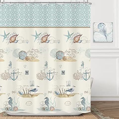 Omifly Vintage Starfish Shower Curtain 60Wx72H Inch Nautical Nature Ocean Coastal Tropical Beach Seashell Undersea Conch Blue Kids with 12 Plastic Hooks Fabric Waterproof Toilet Accessories Decor Cover