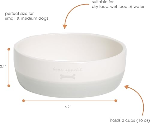 Miniatura 3 de Pearhead Ceramic Bone Appétit - Cuenco para perros, capacidad para 2 tazas, plato de gres para alimentos y agua, comedero para mascotas gris y