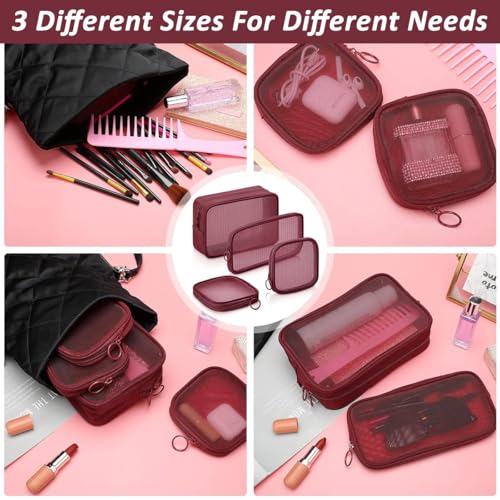 Image of MAYCREATE 4Pcs Zipper Pouches Combo 4 Sizes Mesh Zipper Pouches Makeup Stylish Burgundy Red Cosmetic Bags Cash Bags Nylon Mesh Accessories Organizer