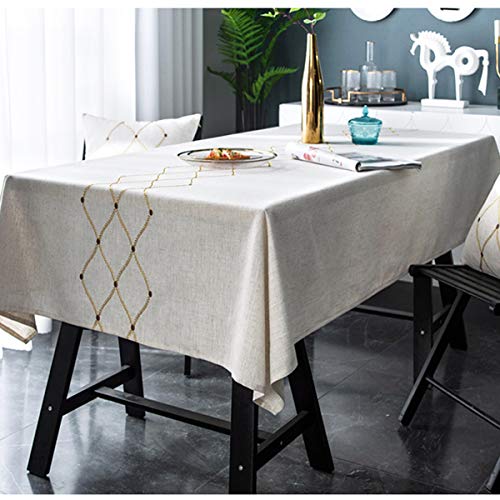 Bringsine Embroidery Geometric Diamond Tablecloth Heavy Weight Cotton Linen Fabric Dust-Proof Water-Proof Table Cloth Cover for Kitchen Dinning Tabletop Decoration (Square, 53 x 53 Inch, Linen) - Thumbnail 2