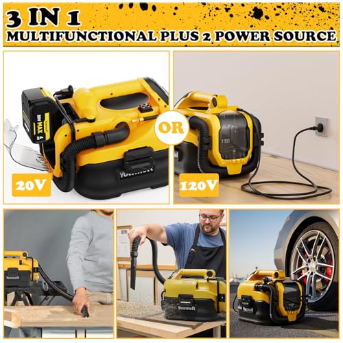 Image of 3 in 1 Shop Vac Cordless and Corded, Versatile Power Source with Tire Inflator and Blower Function, 2.5 Gallon Portable Shop Vacuum Wet and Dry for Dewalt 20V Battery, Small Shop Vac (with Battery)
