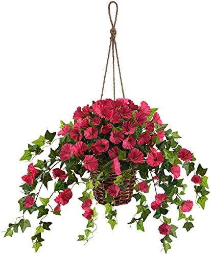 INQCMY Artificial Hanging Flowers in Basket Outdoor Indoor Patio Garden Decor, Faux Centerpieces,Fake Silk Hanging Basket Morning Glories Flowers Plants with Coconut Lining Flowerpot (Rose Red)