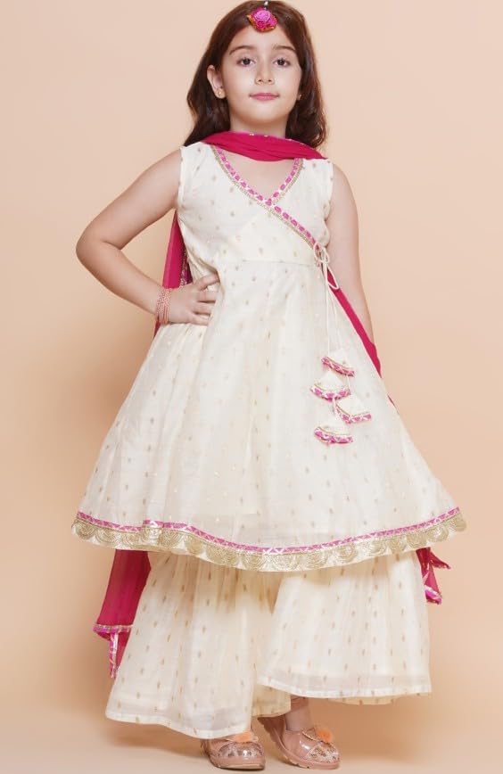 Q-one Store Girls Chanderi Silk Kurta Sharara Dress Set with Dupatta | Salwar Suit for Girls | Traditional Ethnic Wear for All Occasions | Premium Crepe Inners (IN, Age, 9 Years, 10 Years, WHite) - Image 2 thumbnail