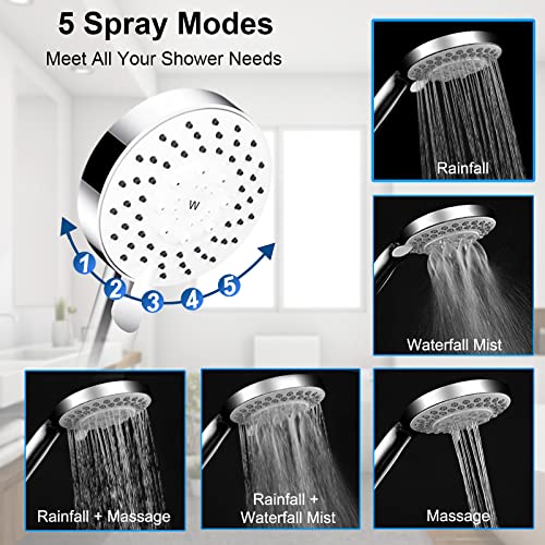 Shower Head, Skybess High Pressure Handheld Showerhead With Hose, 5 Settings Chrome Finished Hand Held Rainfall Shower Head Set - Including Shower Holder Teflon Tape Rubber Washers #TOP2