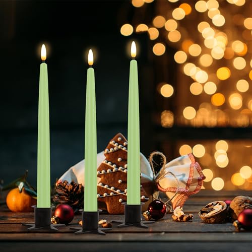 Image of CVHOMEDECO. Flameless Taper Candles with 10-Key Remote, Battery Operated Led Flickering 3D Wick Window Candles Real Wax Finished Home Christmas Party Decor 0.78 x 11 Inch, Pack of 3, Light Green